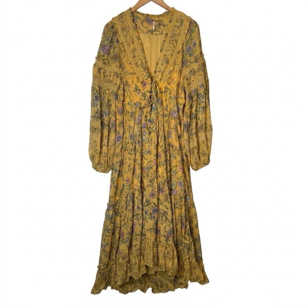 Free People Cassis Chiffon Maxi Dress Turmeric Floral Tiered Boho Festival Large - Picture 4 of 15